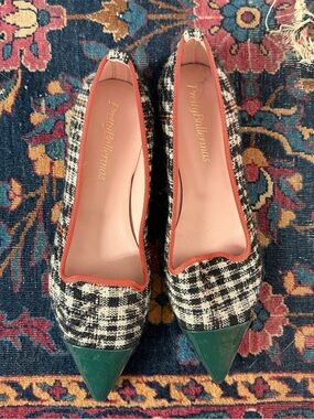 Pretty Ballerinas Black & White Tweed Flats with Green Patent Pointed Toes